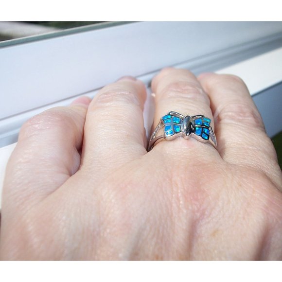 .925 STERLING SILVER Lab Created Blue Fire Opal Inlay Butterfly Ring - Picture 4 of 13